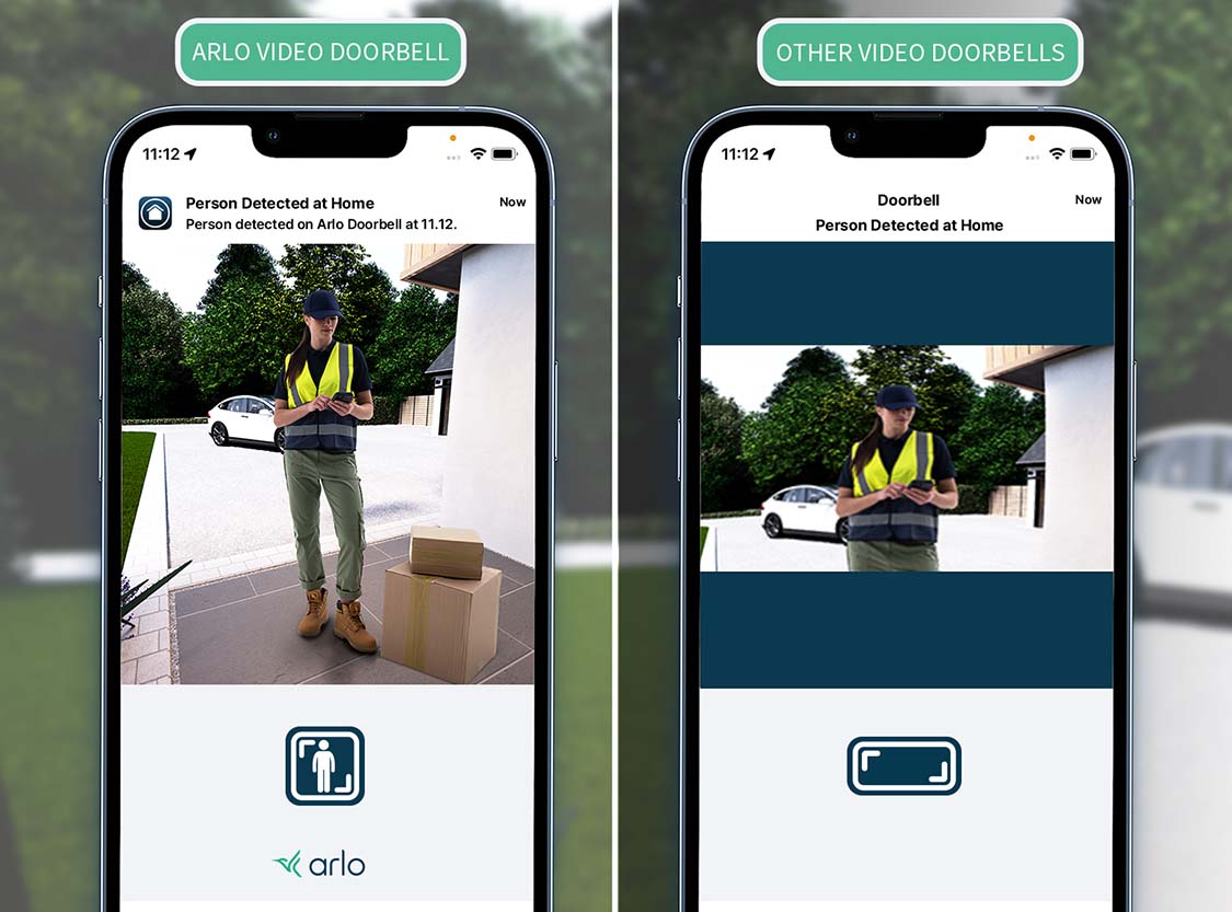  Side by side comparison of 2 images of a delivery person at the front door shows the clear 2K definition you get with Arlo Video Doobells