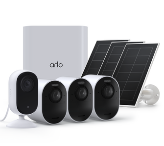 Arlo Ultra 2 - 3 Cam Kit + Essential Indoor + Solar Panels, in white, facing right