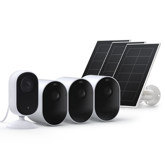 Arlo Pro 5 - 3 Cam Kit + Essential Indoor + Solar Panels, in white, facing right